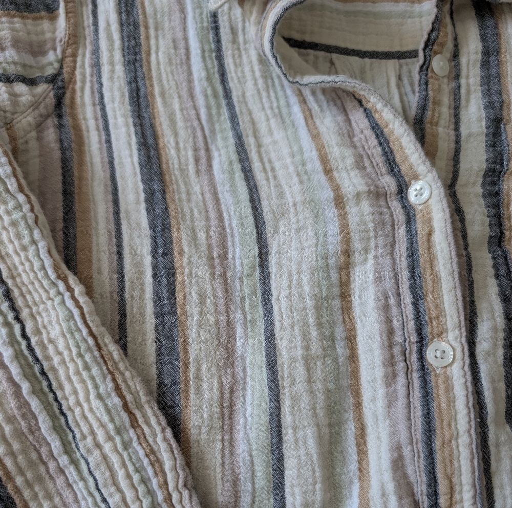 100% Cotton Button Down Shirt Parchment Stripe Minimalist Neutral Coastal Eco M image 4